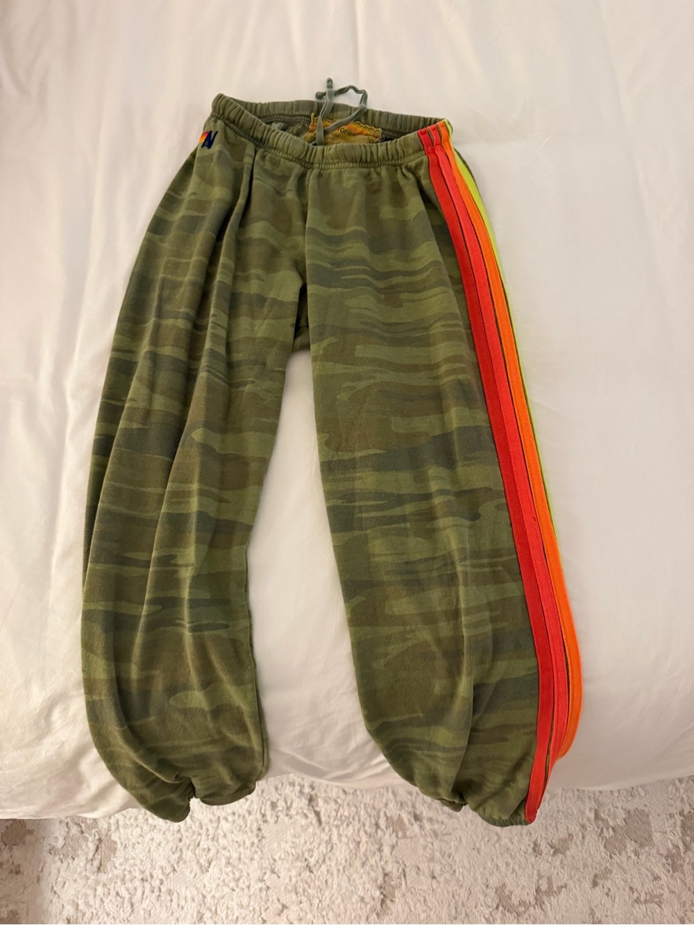 Aviator Nation Olive Camo Joggers with Red Orange Yellow Side Stripes